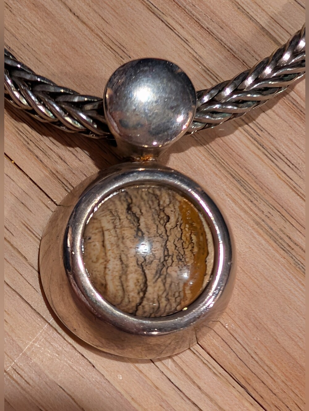 Source Unknown Silver Necklace with Beige and Brown Jasper